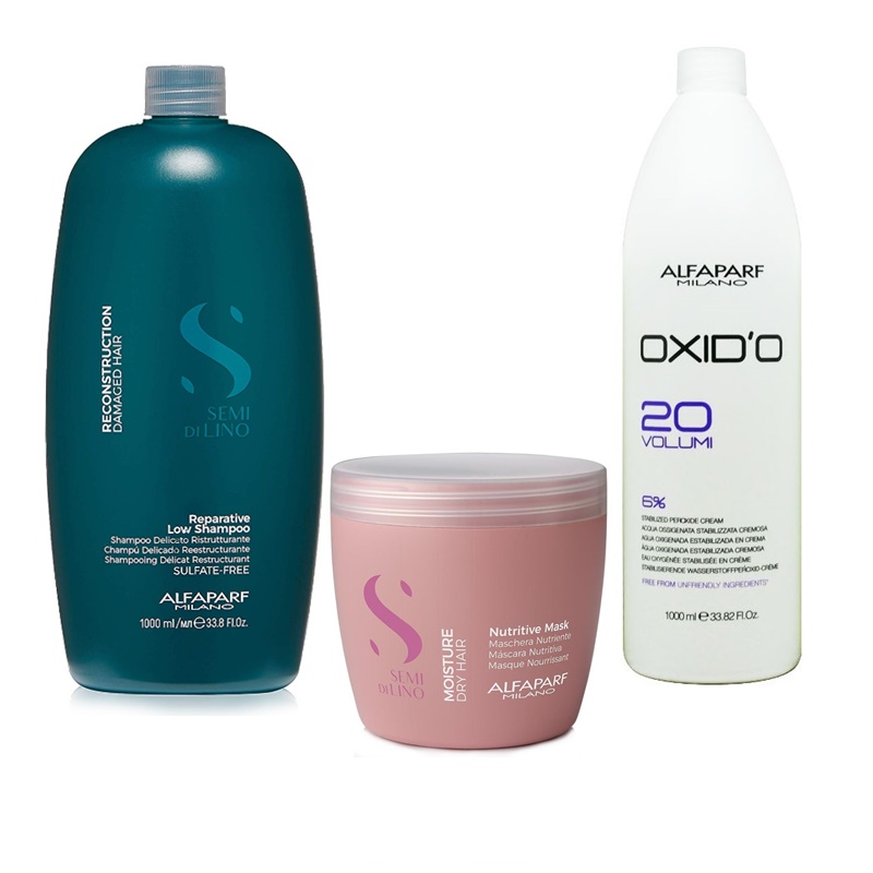 Oxido'o and Semi Di Lino | Zestaw: szampon 1000ml + maska 500ml + woda utleniona w kremie 6% 1000ml