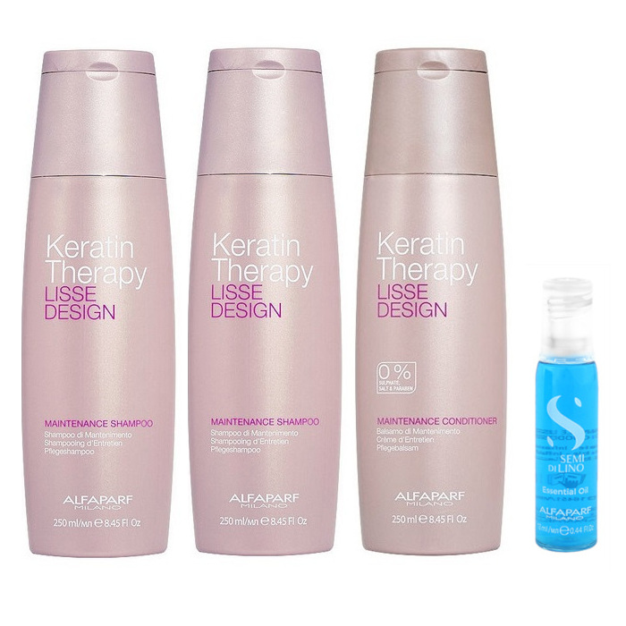 Keratin Therapy and Semi Di Lino | Zestaw podtrzymujący efekt wygładzenia i regenerujący: szampon 2x250ml + odżywka 250ml + kuracja 13ml