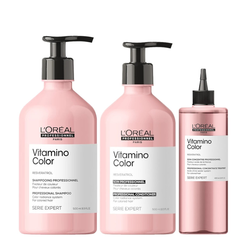 Vitamino Color | Zestaw do włosów farbowanych: szampon 500ml + odżywka 500ml + płyn zamykający łuski włosa i przedłużający kolor włosów farbowanych 400ml