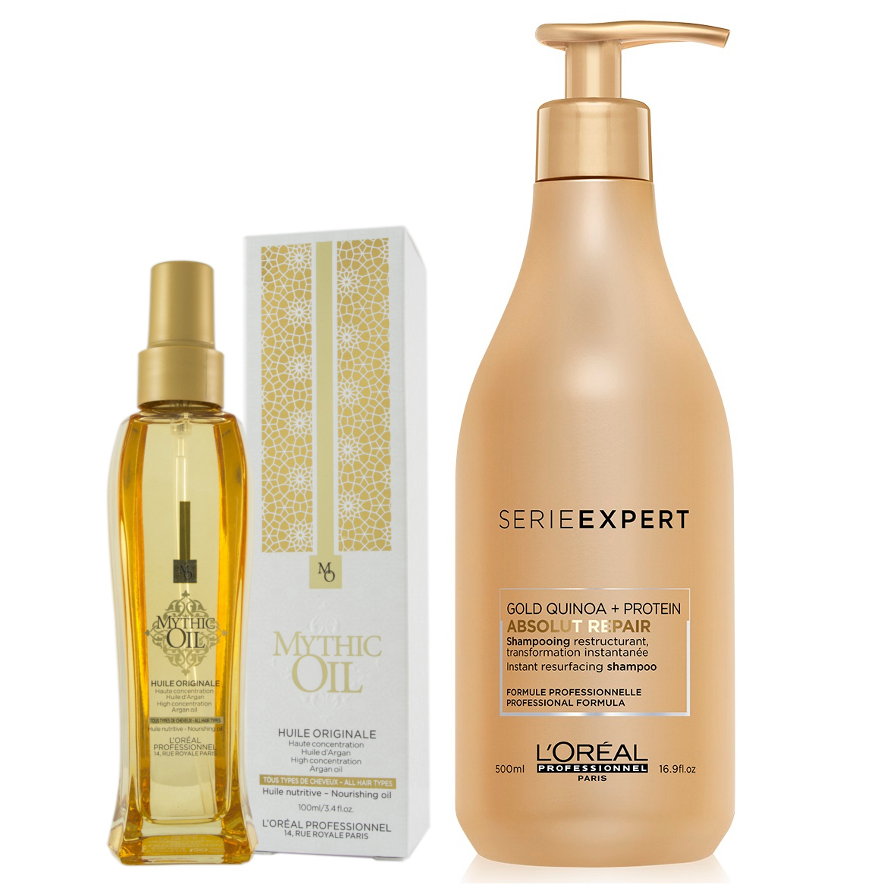 Mythic Oil and Absolut Repair | Zestaw: odżywczy olejek do włosów 100ml + szampon regenerujący 500ml