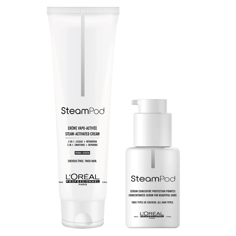 Steampod | Zestaw do prostowania i ochrony włosów: krem do prostowania włosów grubych 150ml + ochronne serum do końcówek 50ml