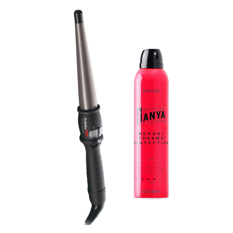 Titanium Tourmaline and Hair Manya Memory Thermo Protection | Zestaw do włosów: lokówka stożkowa 19-32mm + termoochronny spray do włosów 250ml