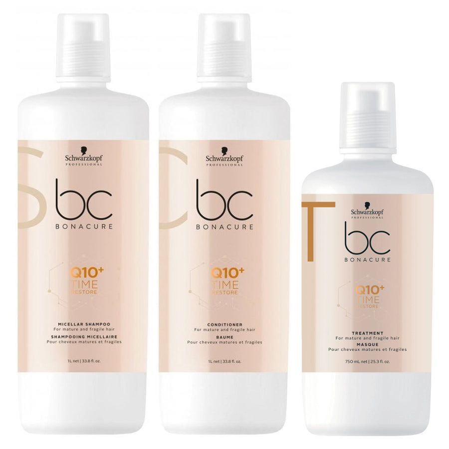 BC Q10 Time Restore | Zestaw odbudowujący do włosów dojrzałych: szampon 1000ml + odżywka 1000ml + maska 750ml