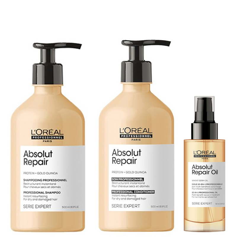 Absolut Repair | Zestaw regenerujący do włosów: szampon 500ml + odżywka 500ml + olejek 90ml