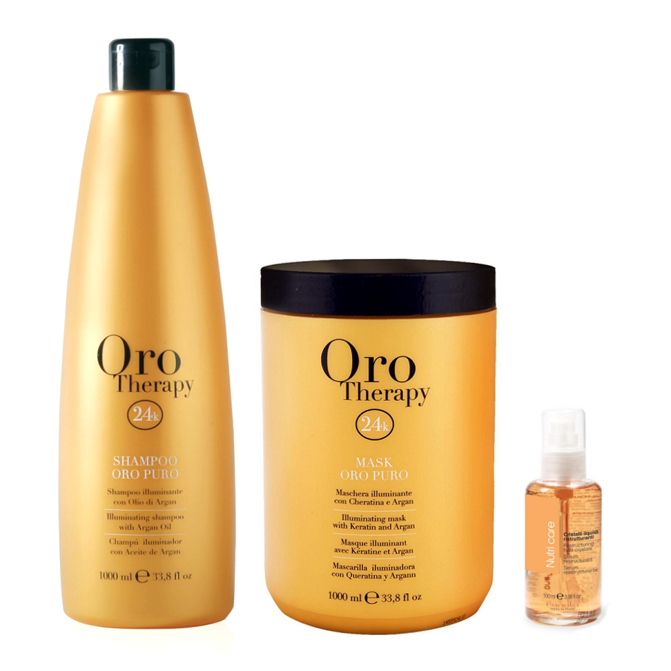 Oro Puro and Nutri Care Crystals | Zestaw rozświetlający do włosów: szampon 1000ml + maska 1000ml + kryształki w płynie 100ml 