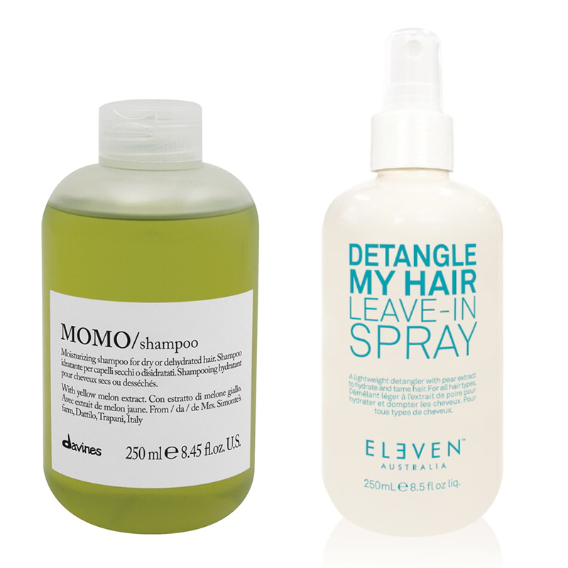 Momo and Detangle My Hair | Zestaw do włosów: szampon nawilżający do włosów suchych 250ml + kuracja w sprayu ułatwiająca rozczesywanie 250ml
