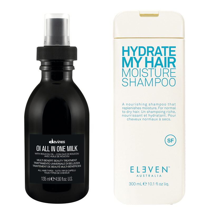 OI All in One Milk and Hydrate My Hair | Zestaw do włosów: odżywcze mleczko ułatwiające stylizację włosów 135ml + wegański szampon nawilżający 300ml