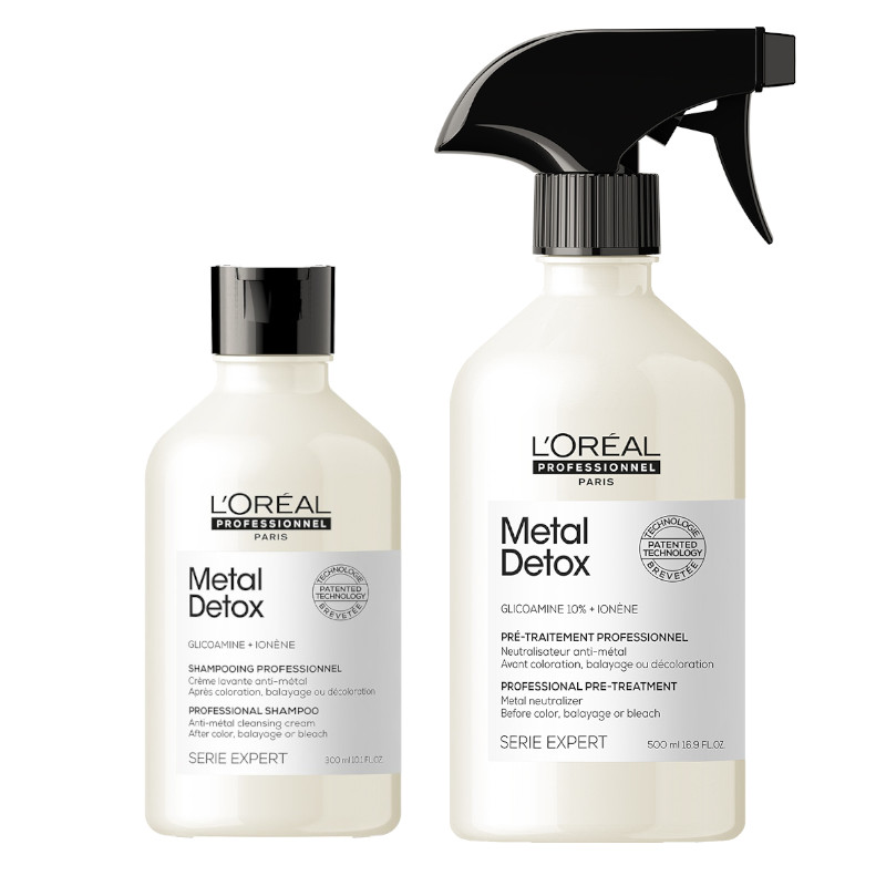 Metal Detox | Zestaw: szampon neutralizujący metale do stosowania po farbowaniu 300ml + spray neutralizujący metale do stosowania przed koloryzacją, rozjaśnianiem lub balejażem 500ml