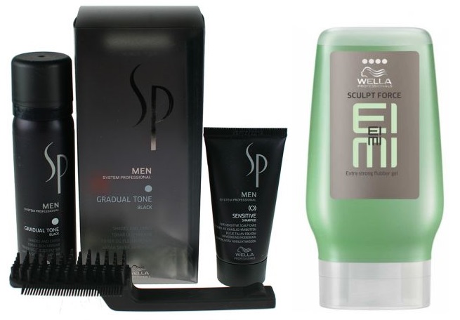 SP Men Gradual Tone Black and EIMI Sculpt Force | Zestaw: zestaw maskujący siwiznę włosów dla mężczyzn (kolor czarny): pianka pigmentująca 60ml + szampon 30ml + szczotka + żel nabłyszczający 125ml