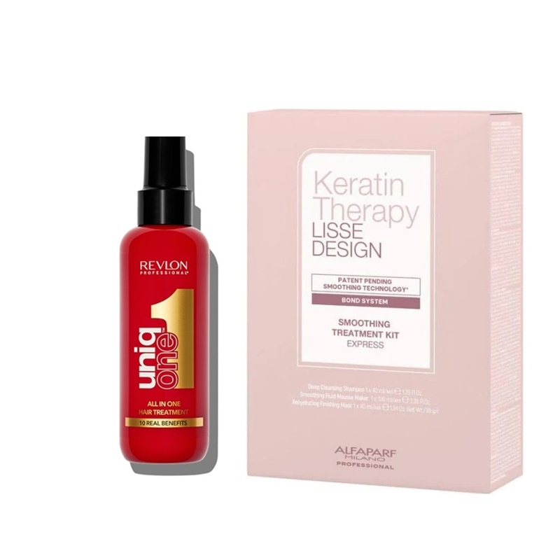 Keratin Therapy and Uniq One | Zestaw: zestaw do keratynowego prostowania włosów +  kuracja do włosów 10in1 150ml