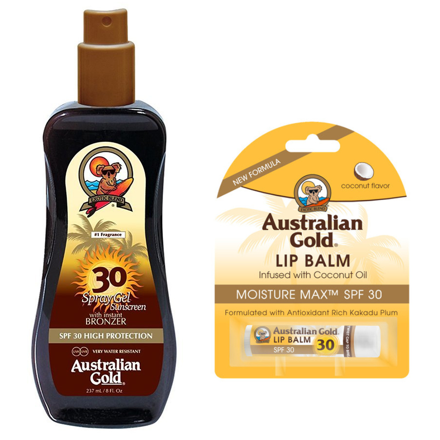 Spray Gel Bronzer SPF30 and Coconut Lip Balm SPF30 | Zestaw do opalania: spray do opalania z bronzerem 237ml + kokosowa pomadka ochronna 4.2g