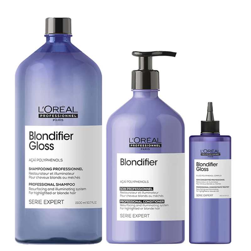 Loreal Blondifier | Zestaw pielęgnacyjny do włosów blond: szampon 1500ml + odżywka 500ml + koncentrat wzmacniający 400ml