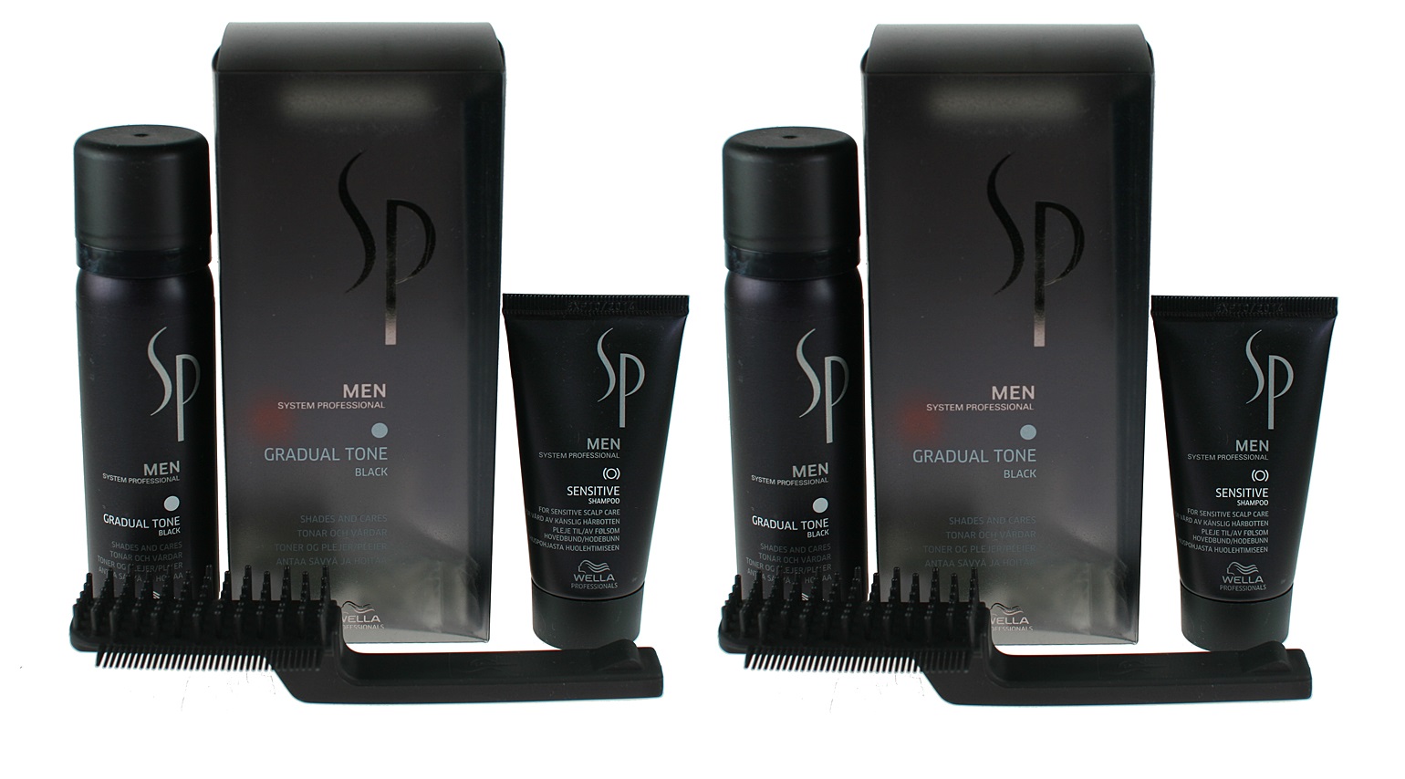 SP Men Gradual Tone Black | Zestaw maskujący siwiznę włosów dla mężczyzn (kolor czarny): pianka pigmentująca 60ml + szampon 30ml + szczotka x2