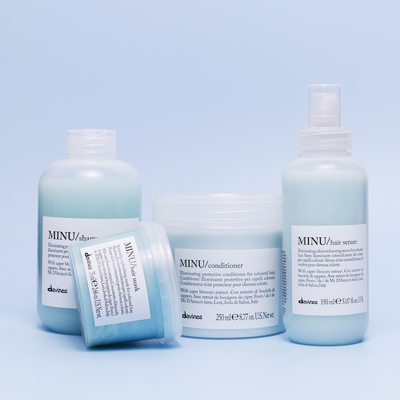 Minu | Podstawowy rytuał nabłyszczający do włosów farbowanych: szampon 250ml + odżywka 250ml + maska 75ml + serum 150ml