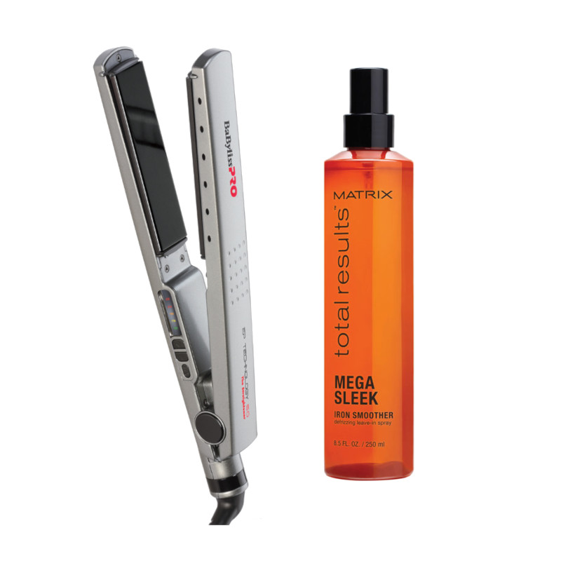 The Straightener and Total Results Mega Sleek | Zestaw do włosów: prostownica z jonizacją EP + termoochronny spray wygładzający włosy