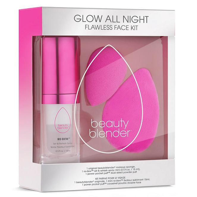 Glow All Night | Zestaw do makijażu: różowa gąbka do makijażu + puszek + spray nawilżająco-utrwalający 15ml
