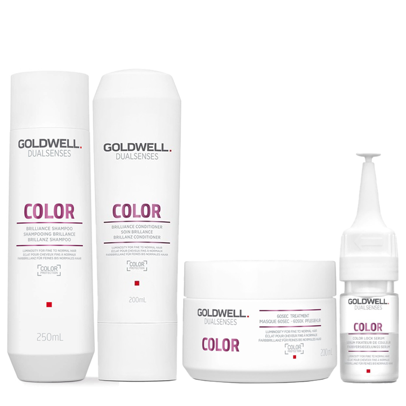 Podstawowy rytuał nabłyszczający włosy farbowane: szampon 250ml + odżywka 200ml + maska 200ml + serum 18ml
