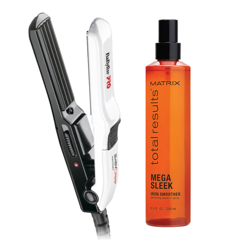 Baby Crimp and Total Results Mega Sleek | Zestaw do włosów: mini karbownica do włosów + termoochronny spray wygładzający włosy