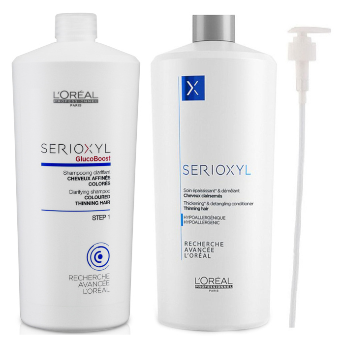 Serioxyl | Zestaw zagęszczający: szampon 1000ml + odżywka 1000ml + pompka