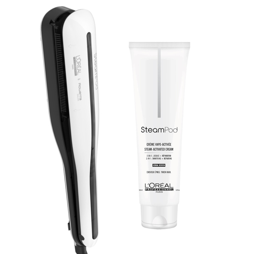 Steampod | Zestaw do prostowania i ochrony włosów: prostownica parowa + krem do prostowania włosów grubych 150ml