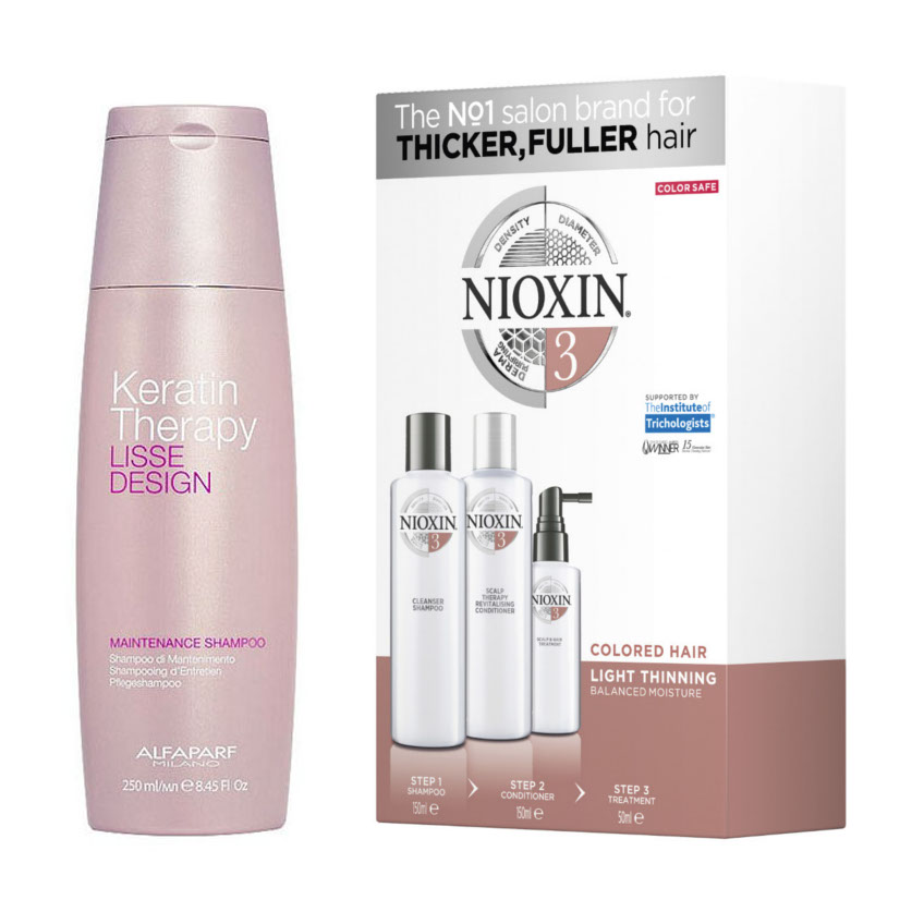 Keratin Therapy Maintenance and System 3 | Zestaw do włosów: szampon podtrzymujący efekt wygładzenia 250ml + zestaw do włosów farbowanych i lekko przerzedzonych