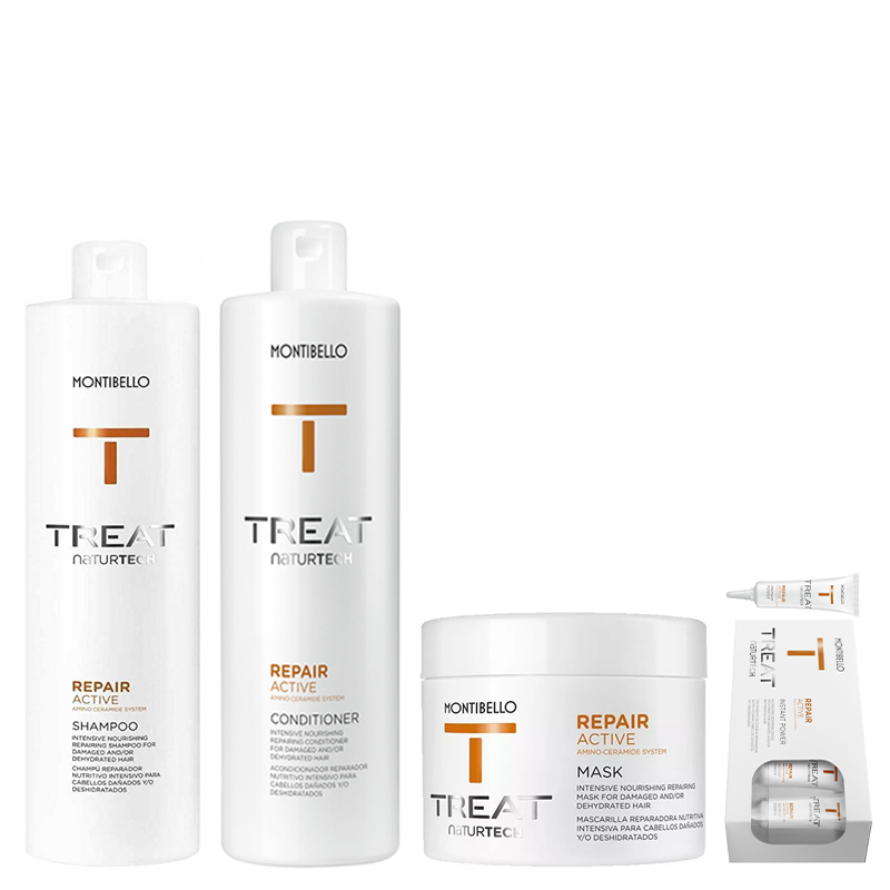 Treat Naturtech Repair Active | Zestaw do włosów zniszczonych: szampon 1000ml + odżywka 750ml + Maska 500ml + kuracja 10x12ml