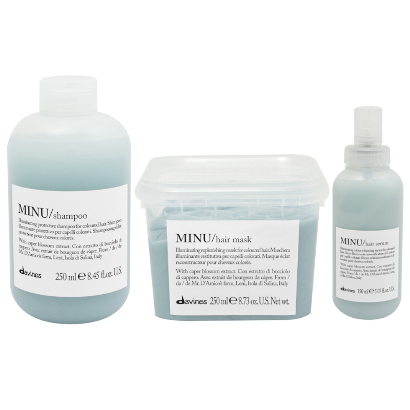 Minu | Zestaw do włosów farbowanych: szampon 250ml + maska 250ml  + serum rozświetlające 150ml