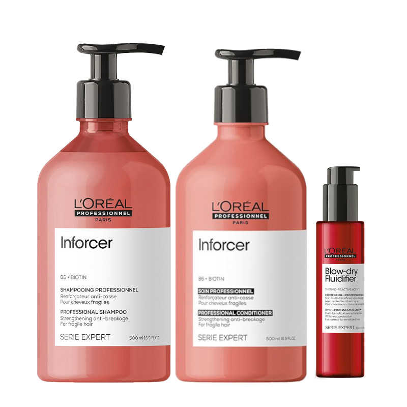 Inforcer | Zestaw do włosów łamliwych: szampon 500ml + odżywka 500ml + termoochronny krem do stylizacji i suszenia włosów 150ml