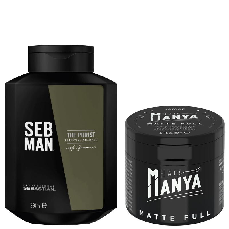 Hair Manya Matte Full and The Purist | Zestaw do włosów: mocna matowa pasta do modelowania włosów 100ml + szampon oczyszczający do włosów przetłuszczających się i z łupieżem 250ml