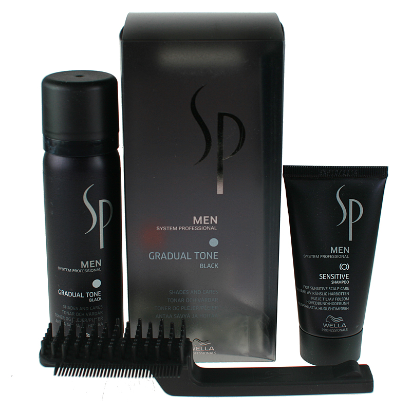 SP Men Gradual Tone Black | Zestaw maskujący siwiznę włosów dla mężczyzn (kolor czarny): pianka pigmentująca 60ml + szampon 30ml + szczotka