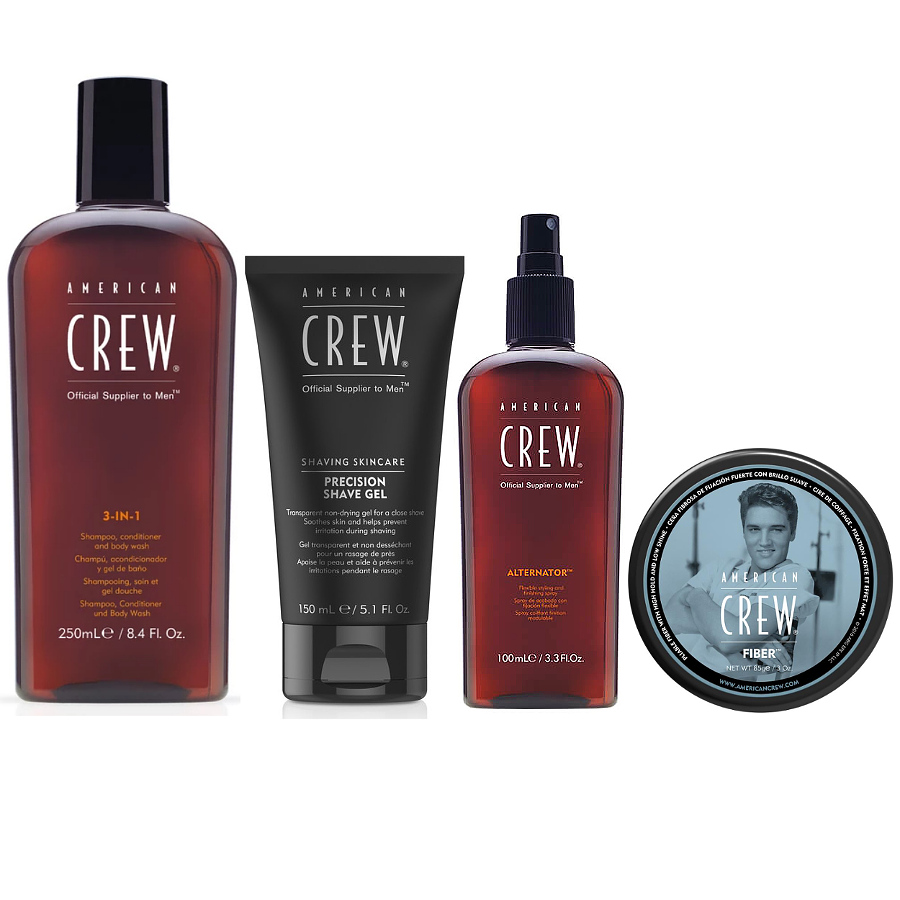 Essential Grooming Kit | Zestaw dla mężczyzn: włóknista pasta 85g + szampon, odżywka i żel pod prysznic 250ml + spray do modelowania 100ml + żel do golenia 150ml