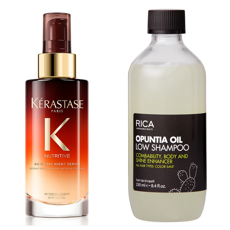 Nutritive 8H Magic Night Serum and Opuntia Oil Low | Zestaw do włosów: odżywcze serum na noc do włosów suchych 90ml + szampon niskopieniący nadający połysk, miękkość i objętość 250ml