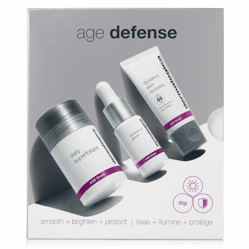 Age Defense Kit | Zestaw przeciw starzeniu się skóry: puder złuszczający 13g + rozjaśniające serum z witaminą C 10ml + przeciwzmarszczkowy krem ochronny SPF50 12ml