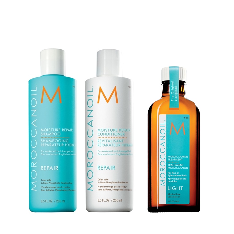 Moisture Repair and Oil Treatment Light | Zestaw regenerujący włosy: szampon 250ml + odżywka 250ml + naturalny olejek arganowy do włosów cienkich i delikatnych 100ml