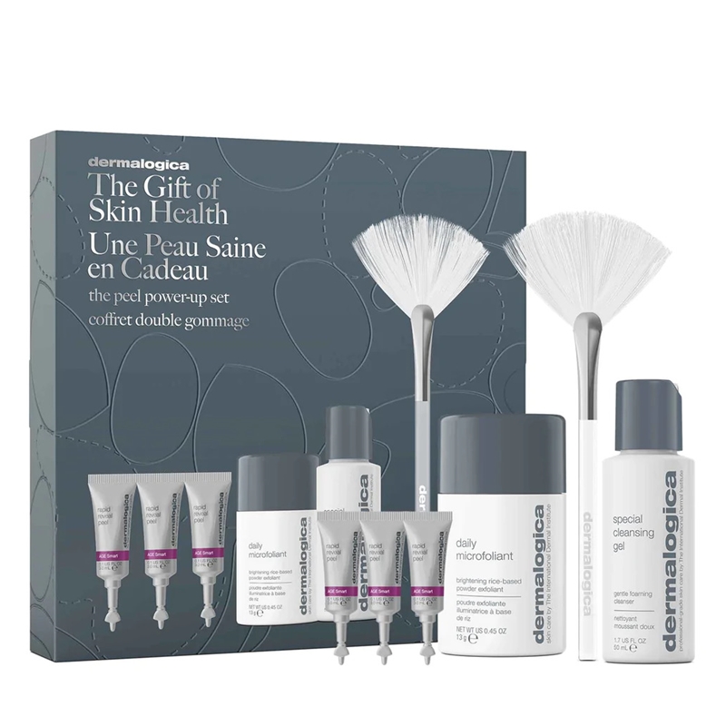 The Peel Power-Up Set | Zestaw kosmetyków do twarzy: delikatnie oczyszczający żel 50ml + oczyszczający puder ryżowy 13g + kuracja peelingami 3x3ml + profesjonalny pędzelek