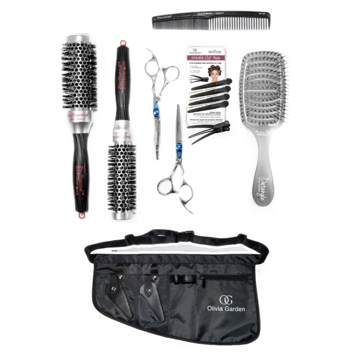 Essential Kit | Zestaw fryzjerski: 3x szczotka + 2x nożyczki + grzebień + klipsy + pas na narzędzia