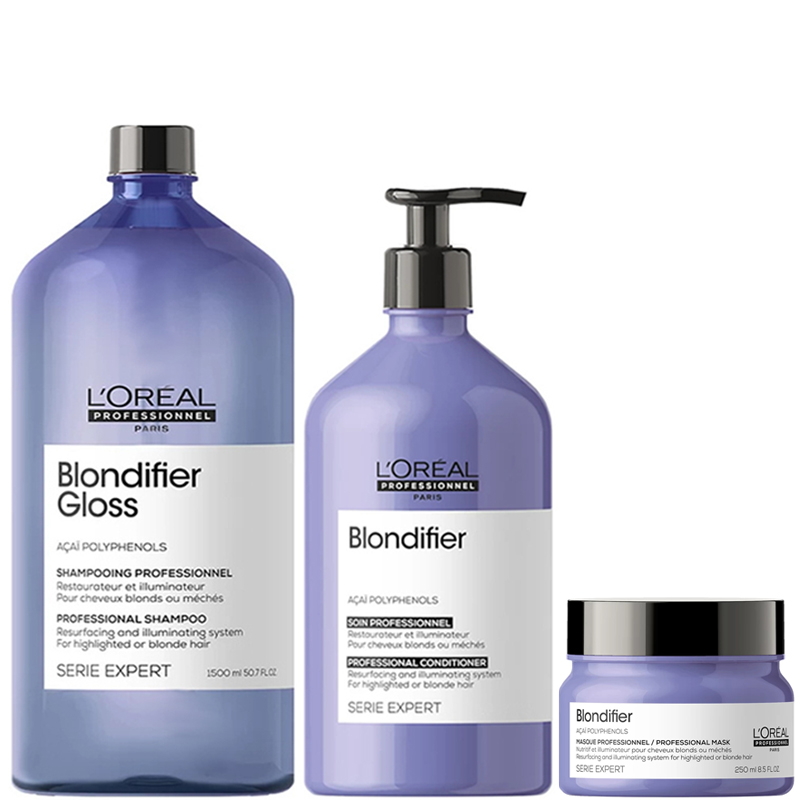 Loreal Blondifier | Zestaw pielęgnacyjny do włosów blond: szampon 1500ml + odżywka 750ml + maska 250ml
