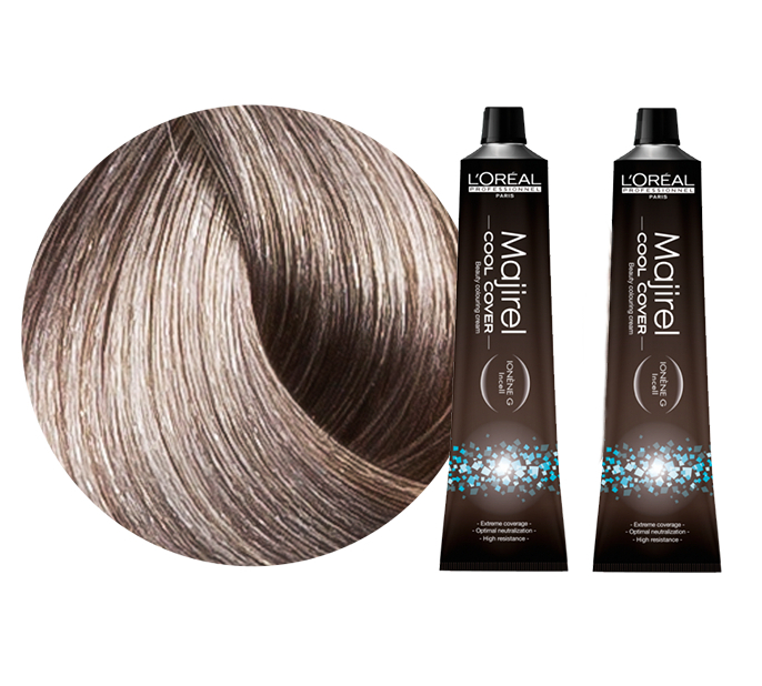 Majirel Cool Cover | Zestaw: trwała farba do włosów o chłodnych odcieniach - kolor 8.1 jasny blond popielaty 2x50ml