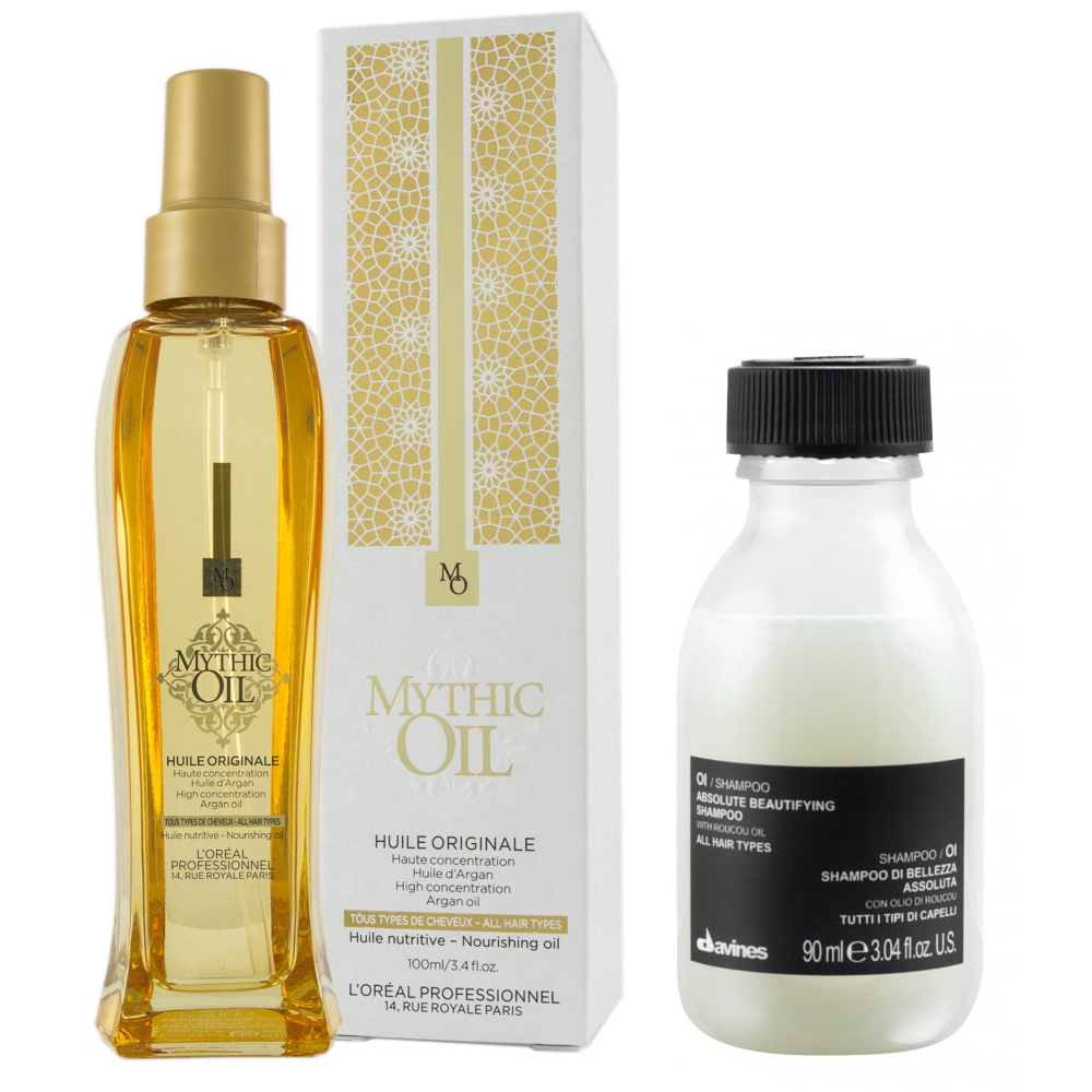 Mythic Oil and OI Oil | Zestaw: odżywczy olejek do włosów 100ml + szampon do każdego rodzaju włosów 90ml