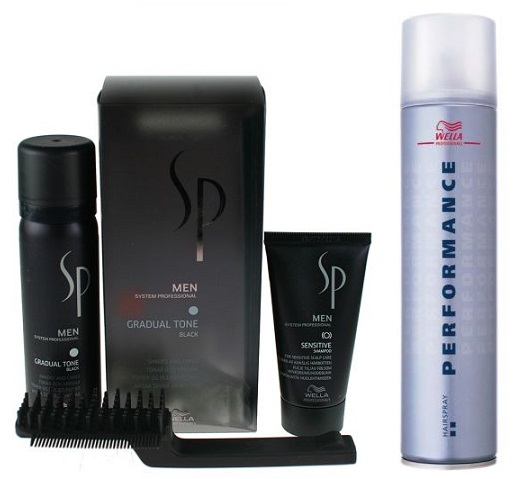 SP Men Gradual Tone Black and Performance | Zestaw: zestaw maskujący siwiznę włosów dla mężczyzn (kolor czarny): pianka pigmentująca 60ml + szampon 30ml + szczotka + bardzo mocny spray do włosów 500ml 