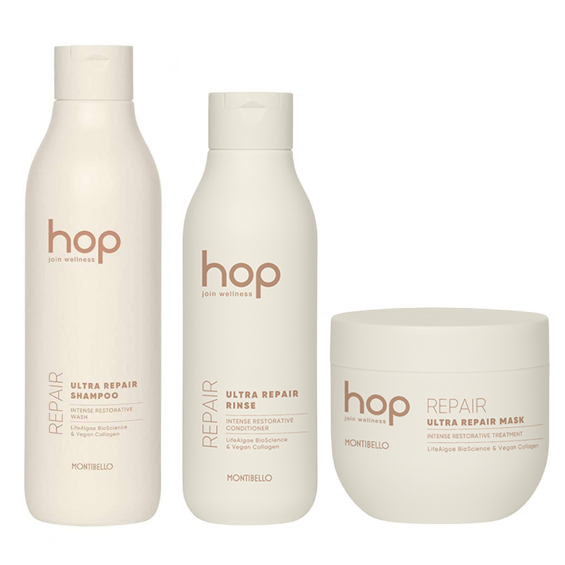 Hop Ultra Repair | Zestaw do włosów zniszczonych: szampon 1000ml + odżywka 750ml + maska 500ml