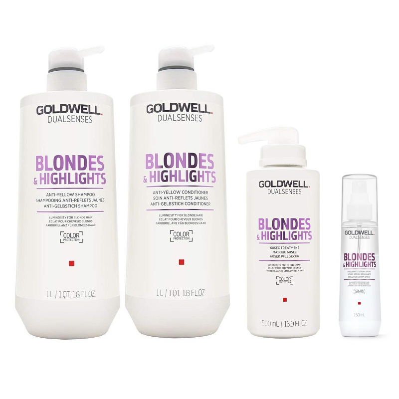Blondes and Highlights | Zestaw do włosów blond: szampon 1000ml + odżywka 1000ml + maska 500ml + serum w sprayu 150ml