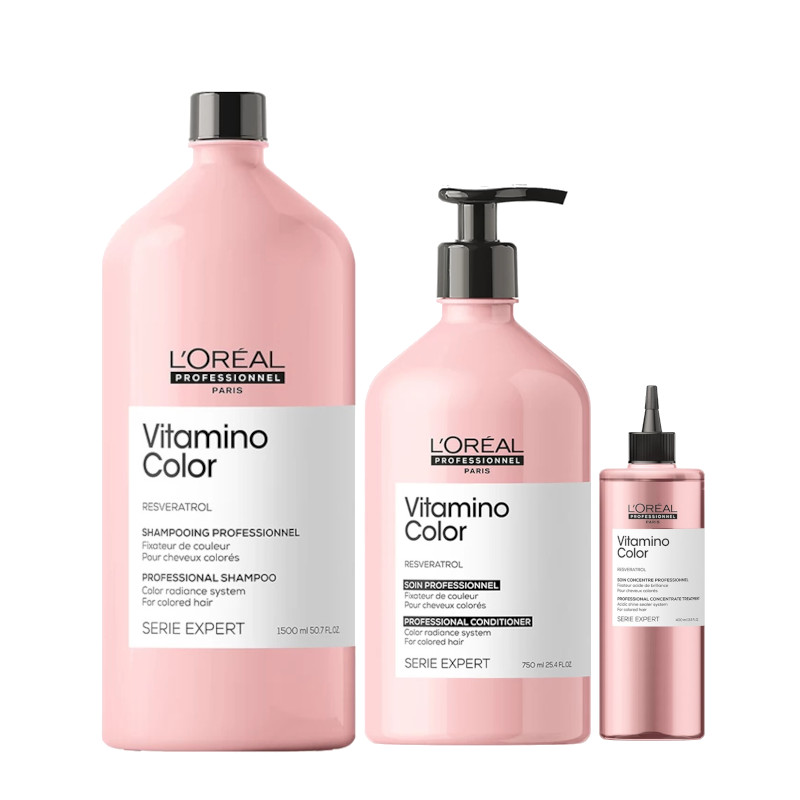 Vitamino Color | Zestaw do włosów farbowanych: szampon 1500ml + odżywka 750ml + płyn zamykający łuski włosa i przedłużający kolor włosów farbowanych 400ml