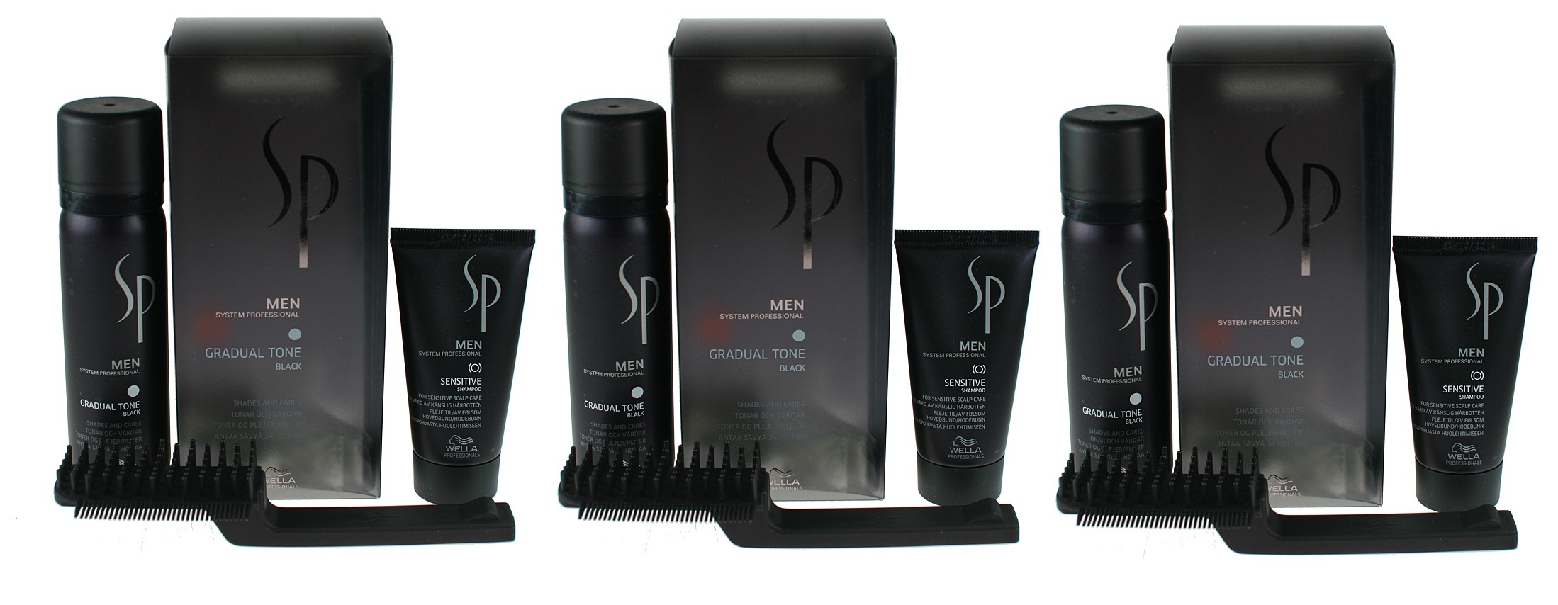 SP Men Gradual Tone Black | Zestaw maskujący siwiznę włosów dla mężczyzn (kolor czarny): pianka pigmentująca 60ml + szampon 30ml + szczotka x3