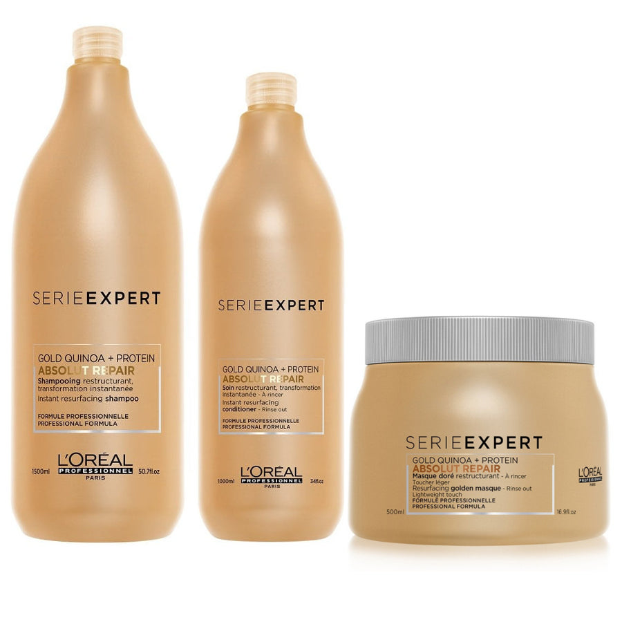 Absolut Repair | Zestaw regenerujący do włosów zniszczonych: szampon 1500ml + odżywka 1000ml + złota maska 500ml