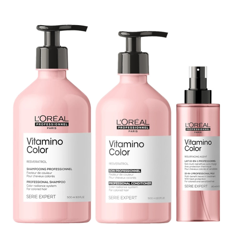 Vitamino Color | Zestaw do włosów farbowanych: szampon 500ml + odżywka 500ml + serum chroniące do włosów farbowanych 190ml 