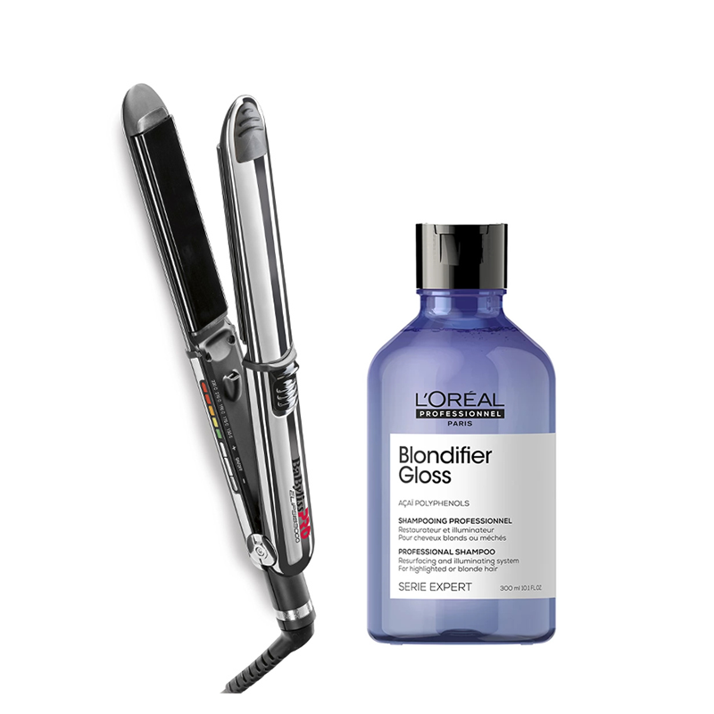 Elipsis and Blondifier Gloss | Zestaw do włosów: prostownica do włosów 31mm - czarna + szampon 300ml