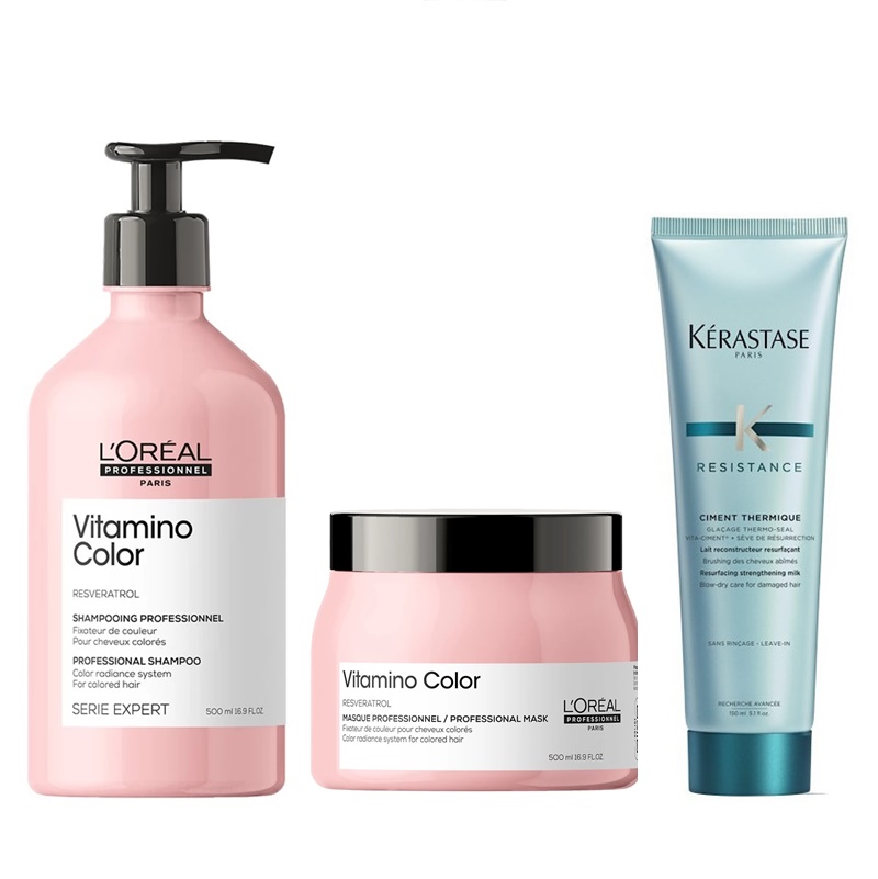 Vitamino Color | Zestaw do włosów farbowanych: szampon 500ml + maska 500ml + cement termiczny 150ml