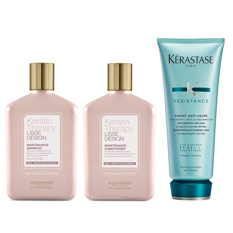 Keratin Therapy Maintenance and Ciment Anti-Usure | Zestaw do włosów: szampon 250ml + odżywka podtrzymująca efekt wygładzenia 250ml + cement odbudowujący 200ml 