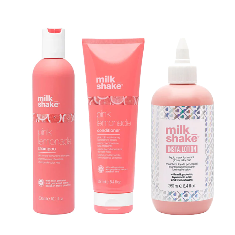 Pink Lemonade | Zestaw do włosów blond nadający różowe refleksy: szampon 300ml + odżywka 250ml + płynna maska nabłyszczająca 250ml